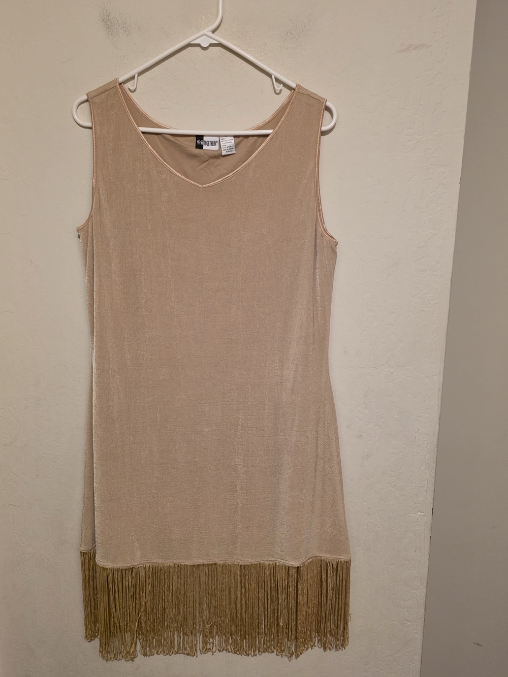 Together Sleeveless Midi Dress in Champagne with Gold Fringe Size Large